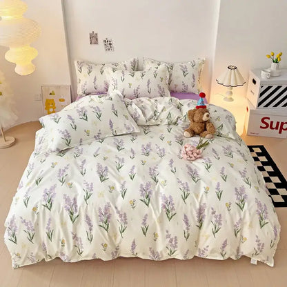 Cream floral cartoon printed bedding set with white duvet and pillows featuring delicate lavender floral pattern for decorbites