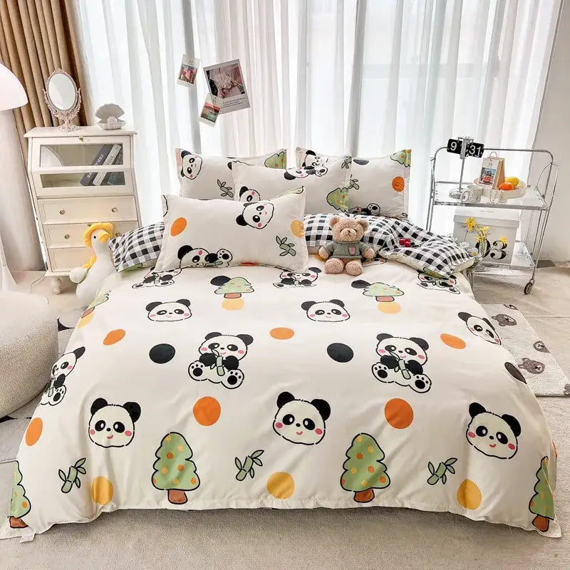 Cream floral cartoon printed bedding set featuring white duvet with playful pandas green trees and orange black polka dots