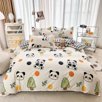 Cream floral cartoon printed bedding set featuring white duvet with playful pandas green trees and orange black polka dots