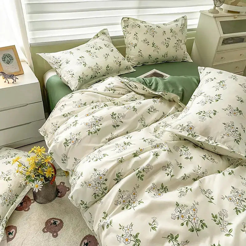 Cream floral cartoon printed bedding set with green accents on soft satin fabric for bedroom decorbites cartoon printed