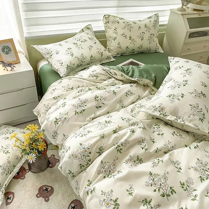 Cream floral cartoon printed bedding set with green accents on soft satin fabric for bedroom decorbites cartoon printed