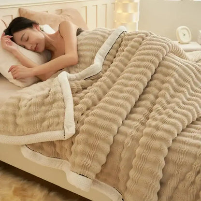 Beige ribbed fleece blanket with plush white sherpa lining for decorbites fluffy rabbit plush warm bedding