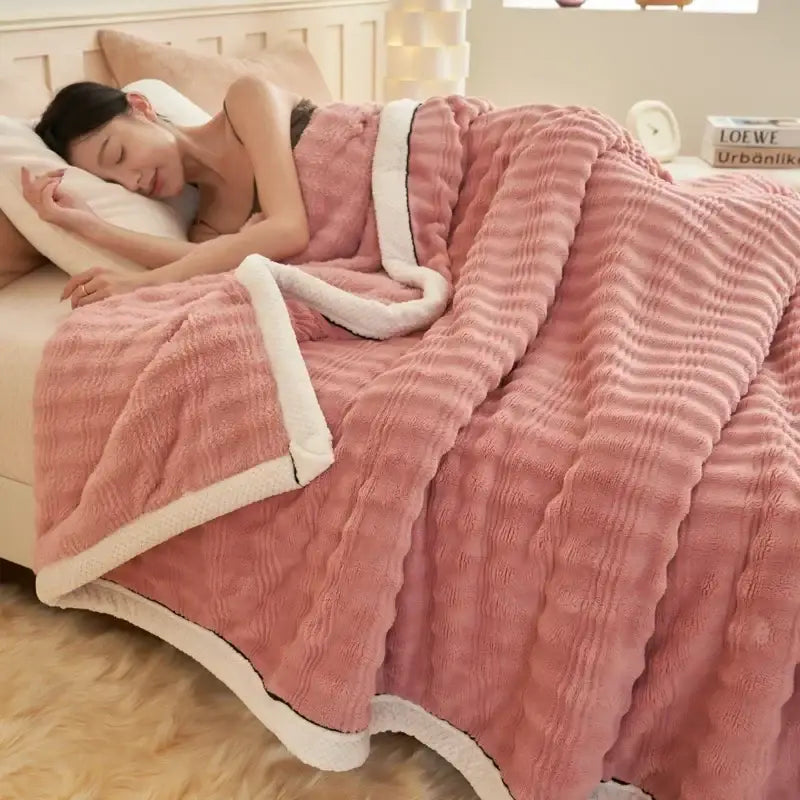 Pink plush rabbit plush quilted blanket with soft ribbed texture and cream fleece lining for warm bedroom decorbites fluffy rabbit