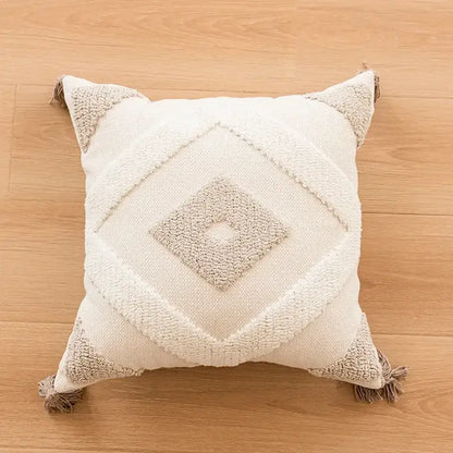 Cream pillow cover with geometric embroidered crocheted pattern and tassels for living room decorbites decor