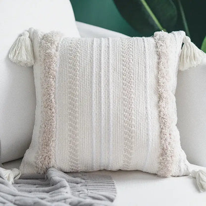 Cream cushion cover with geometric embroidery textured vertical stripes and tassels for living room decorbites