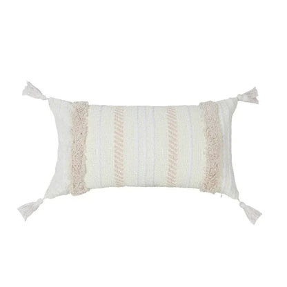 Cream cushion cover with geometric embroidery textured vertical stripes and tassels for living room decorbites decor