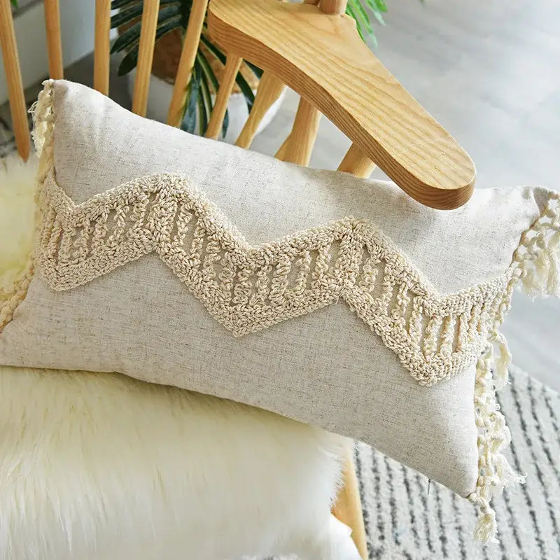 Beige linen cushion cover with cream geometric embroidery crochet zigzag band and matching tassels for living room decorbites geometric embroidery