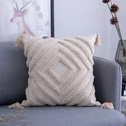 Cream cushion cover with textured geometric embroidery diamond pattern and tassels for living room decorbites decor