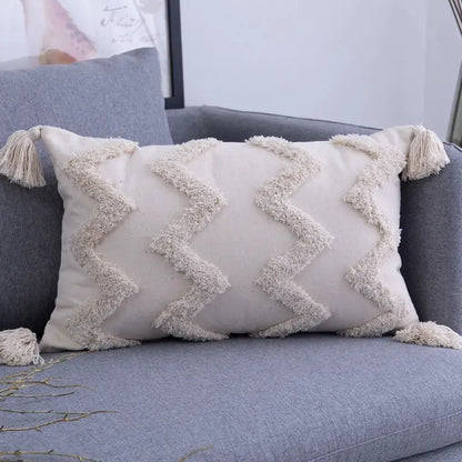 Cream cushion cover with geometric embroidery textured zigzag pattern and tassels for living room decorbites decor