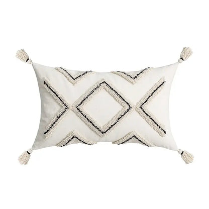 Cream geometric embroidery cushion cover with tassels in cream color for living room decorbites geometric embroidery design