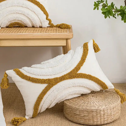 Cream cushion cover with mustard-yellow tassels and textured decorbites geometric embroidery for living room decor
