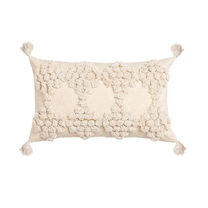 Cream cushion cover with geometric embroidery textured pom-pom clusters and tassels for living room decorbites geometric embroidery