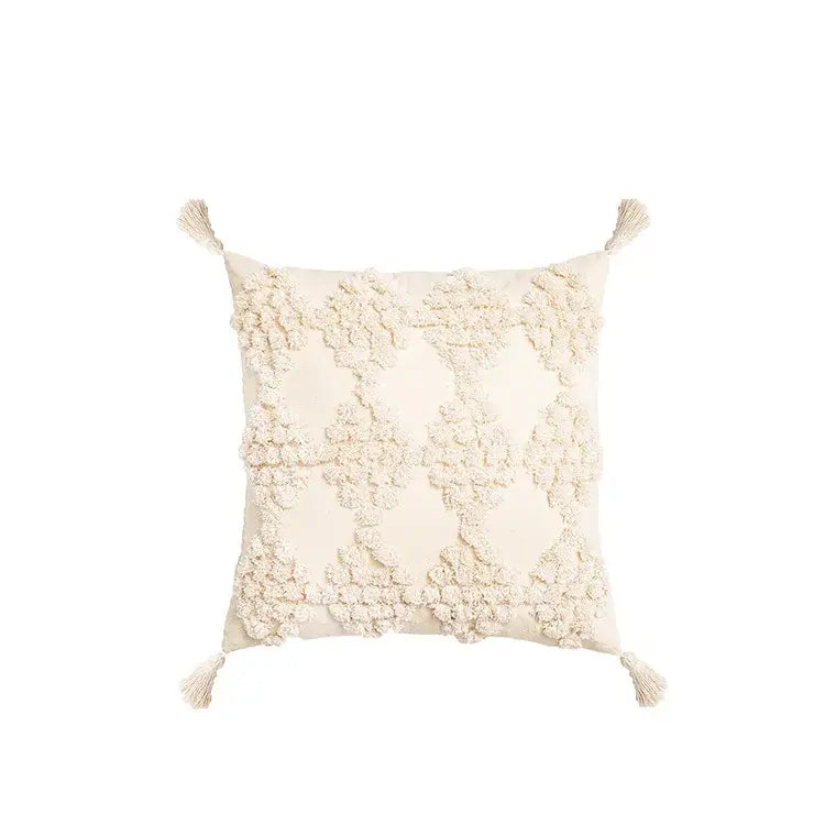 Cream square cushion cover with textured geometric embroidery and tassels for living room decorbites decor