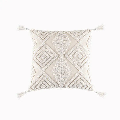 Cream geometric embroidery cushion cover with textured embroidery and tassels for living room decorbites decor