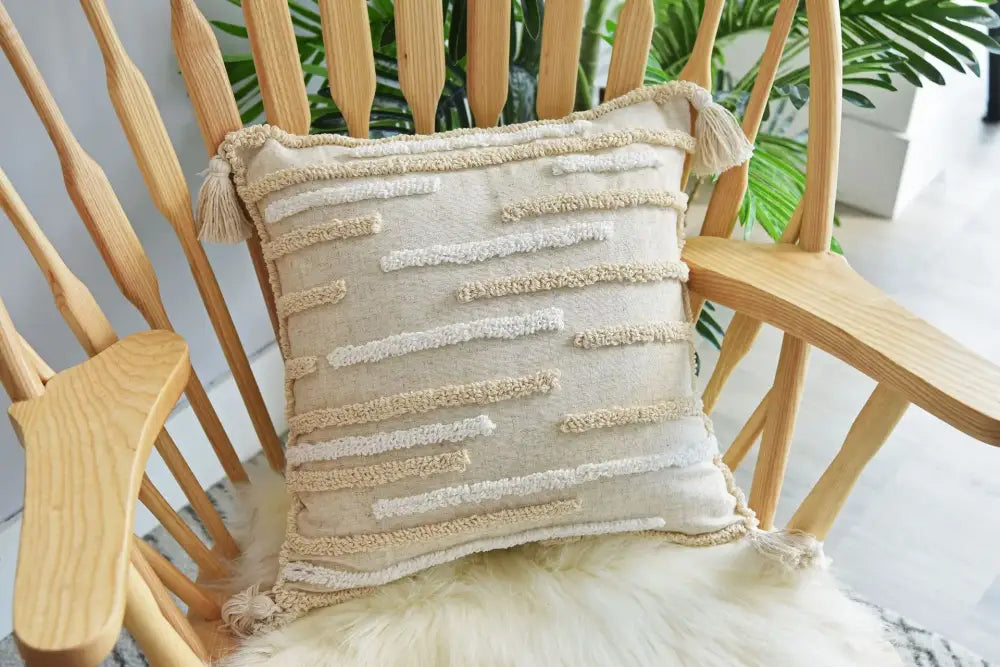 Beige cushion cover with cream geometric embroidery textured tassels for living room decorbites geometric embroidery