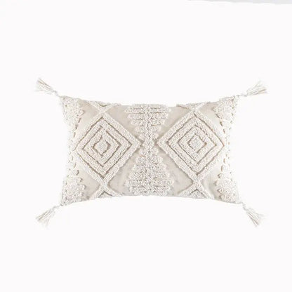 Cream cushion cover with geometric embroidery and textured tassels for living room decorbites geometric embroidery design