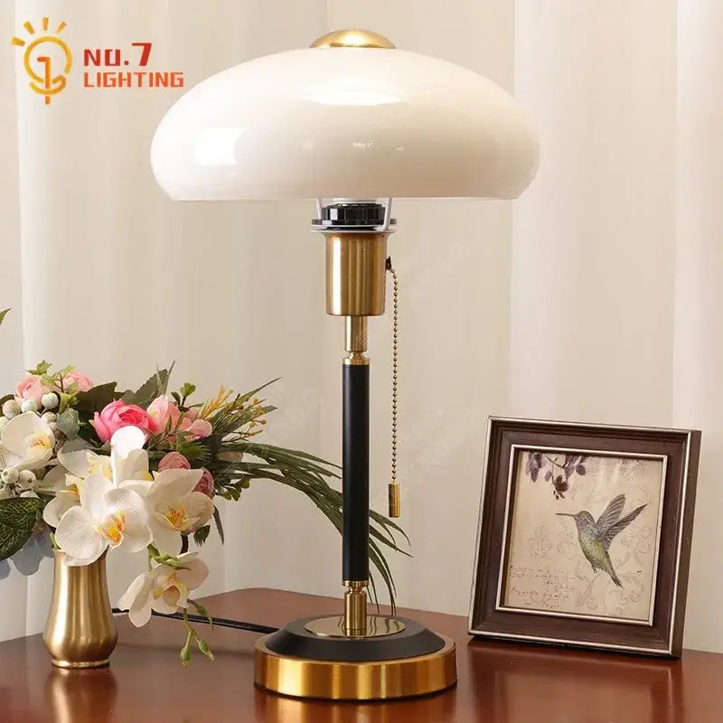 Cream glass mushroom table lamp with brass accents and black column by no 7 lighting for bedroom decorbites cream glass decor