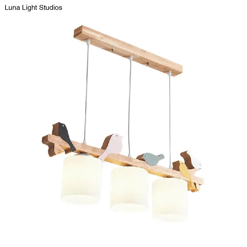 DecorBites™ cream glass LED hanging lamp with wooden bird cutouts and frosted shades for dining room island chandelier