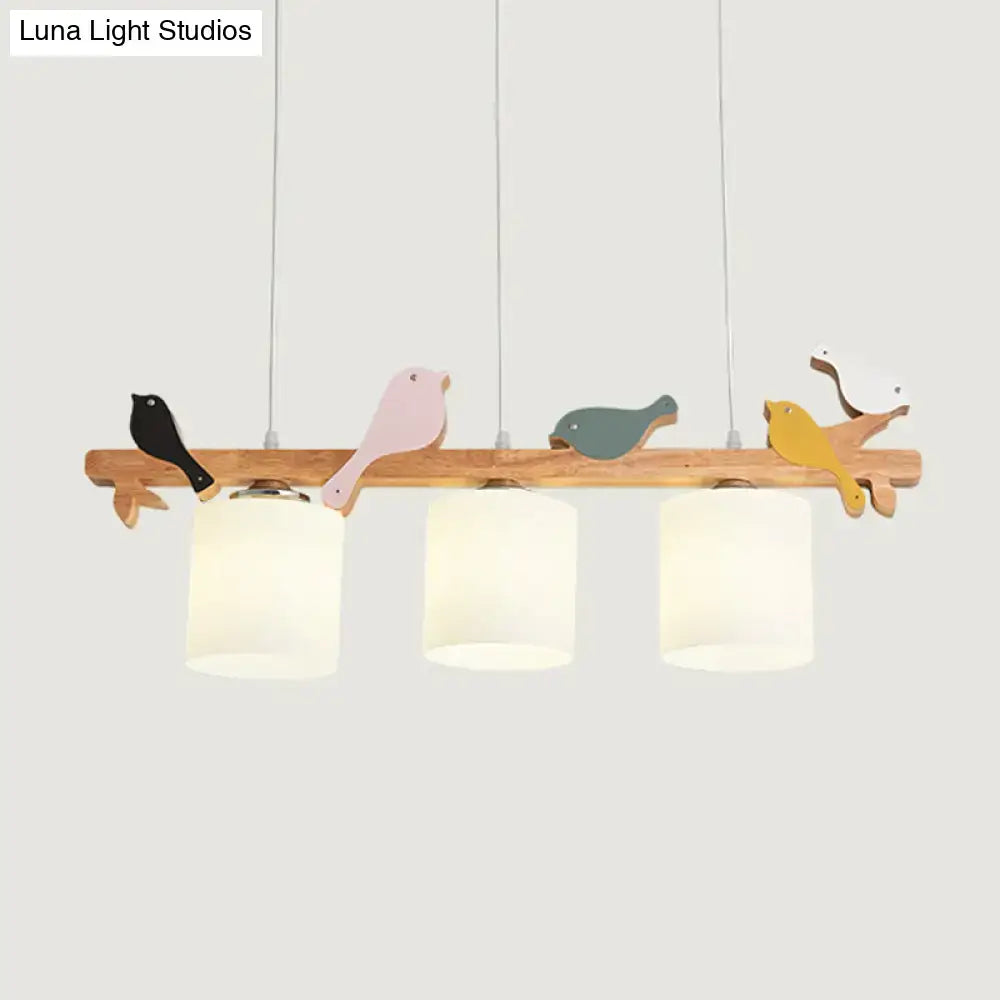 Decorbites simplicity cream glass led hanging lamp with wooden bird and pastel wood pendant shades for dining room