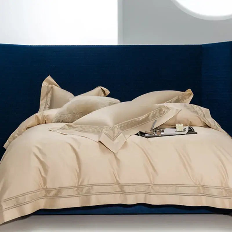 Cream gold wide edge embroidery bedding set in cream satin with gold trim and matching pillows by decorbites bedding set two sizes