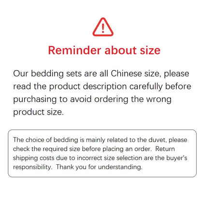 Red triangular warning symbol above reminder about size text for cream gold wide edge decorbites bedding set with two sizes