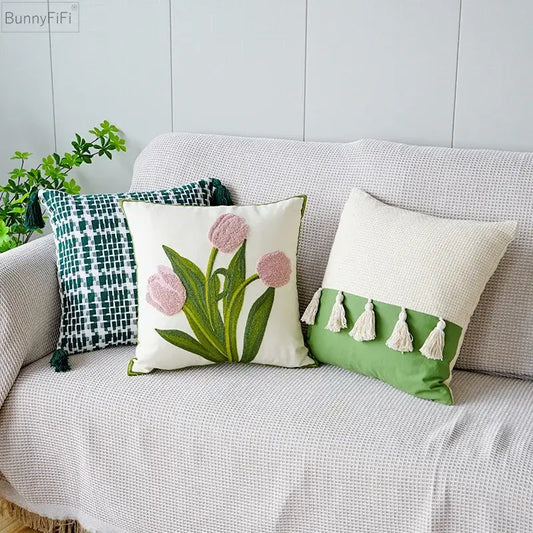 Cream green tulip embroidery cushion cover with pink tulips green leaves and textured white border for living room decorbites green tulip