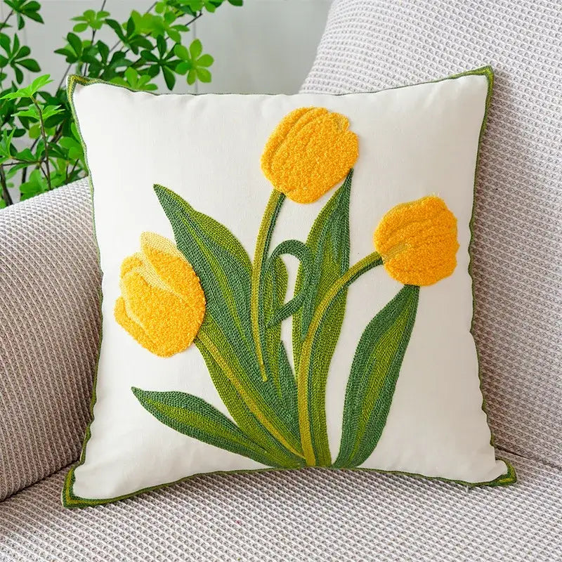 Cream green tulip embroidery cushion cover with decorbites green tulip vibrant yellow raised embroidery design