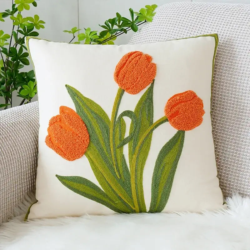 Cream green tulip embroidery cushion cover with decorbites green tulip three-dimensional orange tulips decorbites green