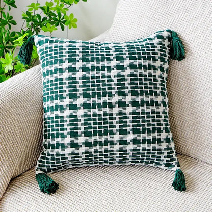 Cream green tulip embroidery cushion cover with green and white woven fabric and tassels for living room decorbites green tulip