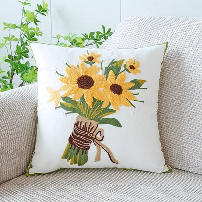 Cream green tulip embroidery cushion cover with white fabric and vibrant sunflower bouquet for decorbites green decor