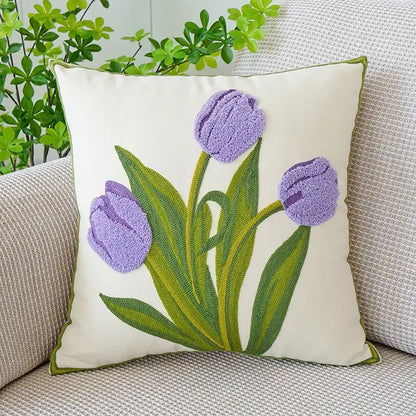 Cream green tulip embroidery cushion cover featuring purple tulips and olive green border for decorbites green tulip decor