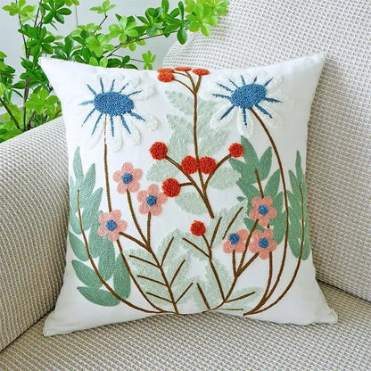 Cream green tulip embroidery cushion cover with white fabric and decorbites green tulip floral design for living room decorbites green