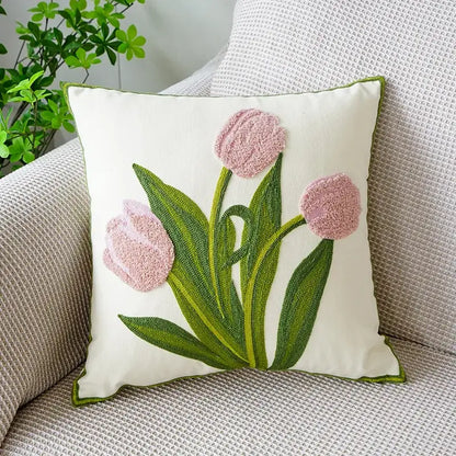 Cream green tulip embroidery cushion cover with decorbites green tulip design and olive green border for living room decor