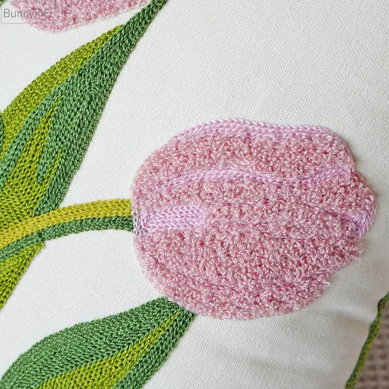 Cream green tulip embroidery cushion cover with pink crocheted tulip appliqué on white fabric decorbites green tulip decorbites green