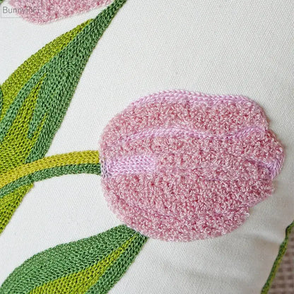 Cream green tulip embroidery cushion cover with pink crocheted tulip appliqué on white fabric decorbites green tulip decorbites green