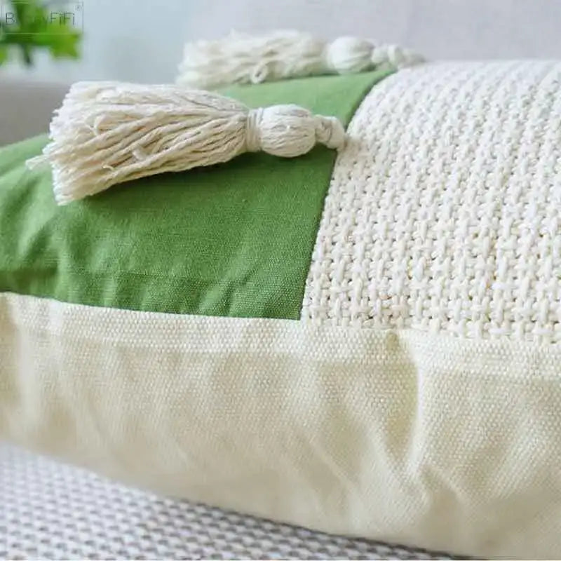 Cream green tulip embroidery cushion cover with textured knit panel and tassels by decorbites green tulip decorbites green