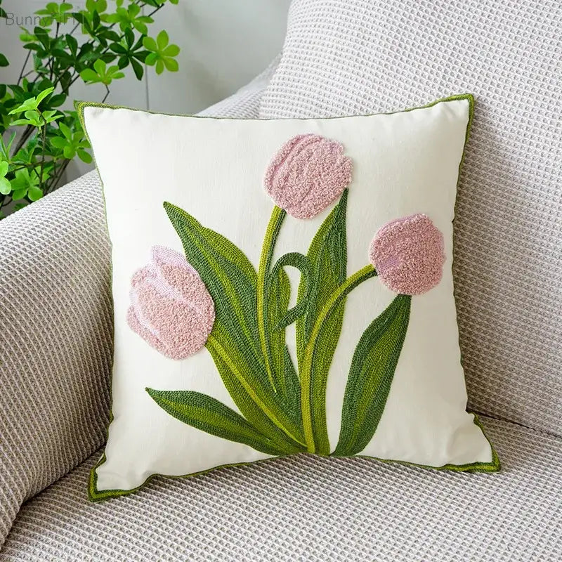 Cream green tulip embroidery cushion cover with pink tulips and decorbites green tulip border for living room decor
