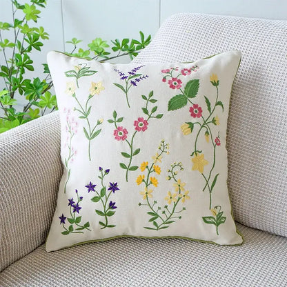 Cream green tulip embroidery cushion cover with intricate pink yellow purple floral decorbites green tulip design