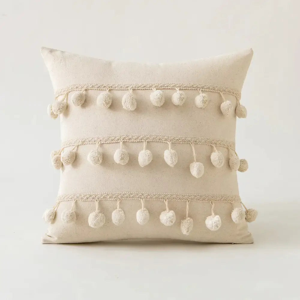 Beige cotton pillow cover with cream ivory pompom tassel and lace trim for living room decorbites ivory pompom decor
