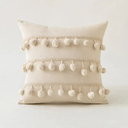 Beige cotton pillow cover with cream ivory pompom tassel rows and scalloped lace trim for living room decorbites decor