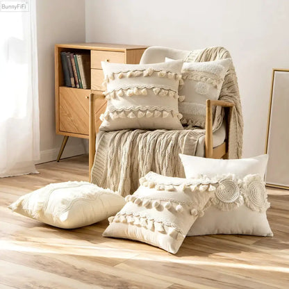 Cream ivory pompom tassel pillow cover with textured tassels and crochet lace decor for living room use