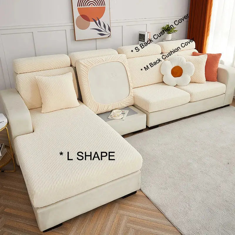 Cream jacquard l sofa seat cover with elasticized edges and matching cushion covers for cozy living room use