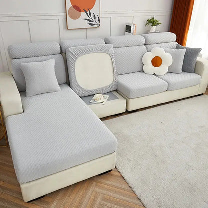 Light gray textured jacquard l sofa cover with quilted pattern and elastic edges for living room sofa seat cover