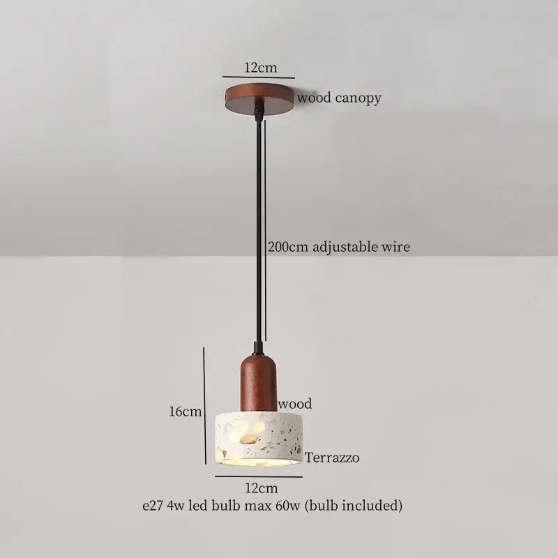 Rustic pendant light with warm wooden top and cream marble led terrazzo shade for bedroom decorbites cream marble