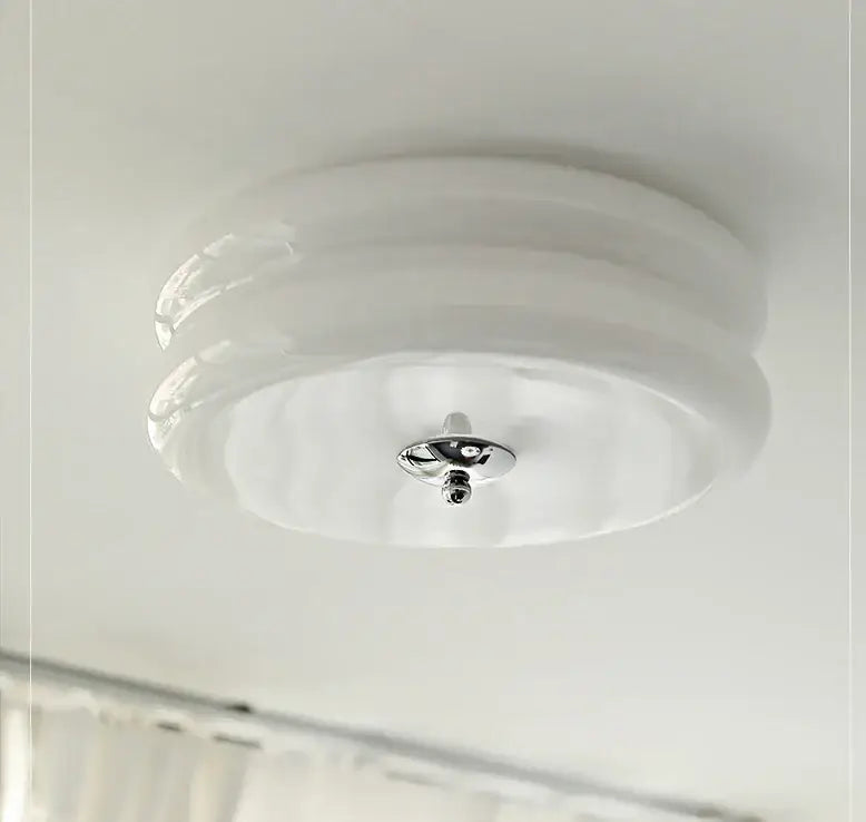 Cream medieval glass ceiling lamp with frosted concentric ridges and polished chrome center for living room decorbites cream medieval