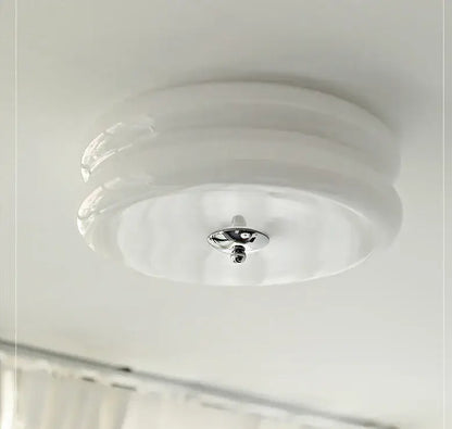 Cream medieval glass ceiling lamp with frosted concentric ridges and polished chrome center for living room decorbites cream medieval