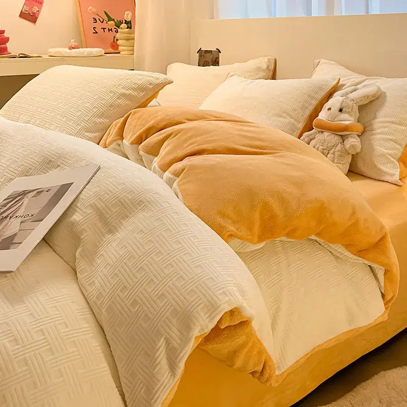 Cream and mustard quilted duvet cover set with plush inner lining and soft textured pattern for cozy bedding