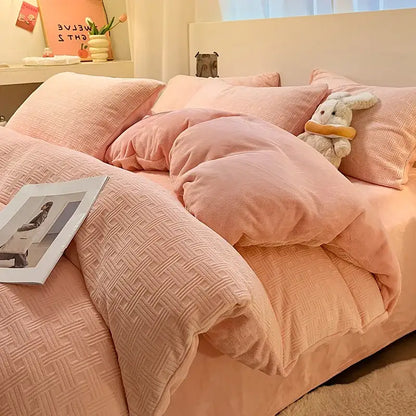 Soft blush pink plush duvet cover set with subtle woven texture for cozy bedroom bedding