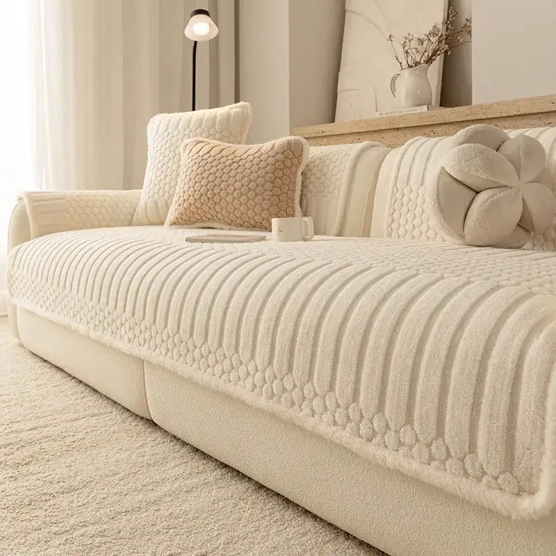Cream plush loop yarn jacquard knit cream sofa slipcover with ribbed and dotted patterns for living room use