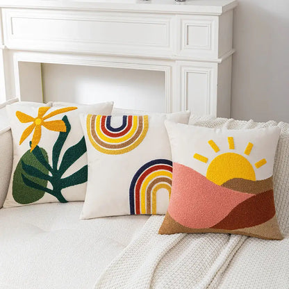 Three embroidered cream rainbow cartoon abstract embroidery cushion covers with colorful floral and sun motifs for living room decorbites cartoon abstract decor